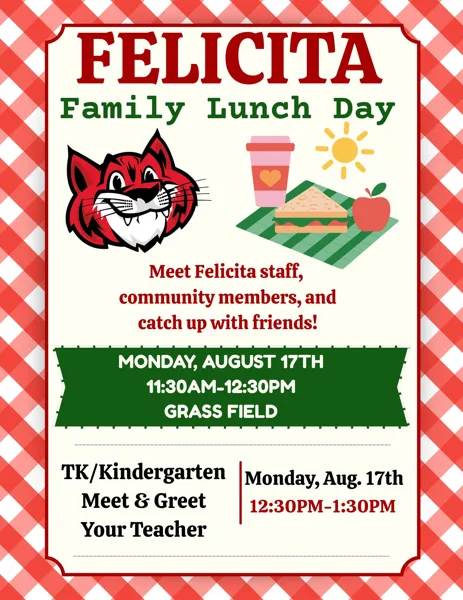 A festive red gingham flyer featuring a cartoon wildcat mascot and picnic food illustrations announcing a school family lunch event.
