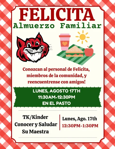 A Spanish-language school flyer advertising a Family Lunch event at Felicita on Monday, August 17th from 11:30AM to 12:30PM on the grass, featuring a red wildcat mascot logo and picnic-themed graphics.
