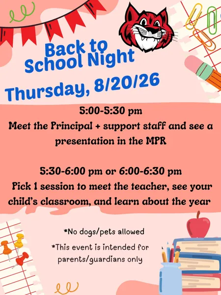 A colorful school flyer featuring a red wildcat mascot, bunting banners, and school supply illustrations announcing a Back to School Night event.