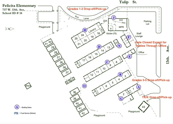 A campus map of Felicita Elementary School at 737 W. 13th Avenue, showing classroom buildings, drop-off and pick-up zones for different grade levels, a library, MPR, parking lot, and playgrounds.
