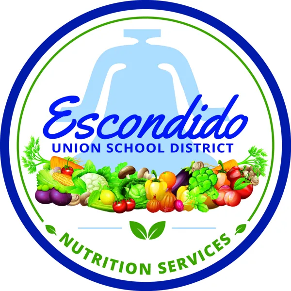 Circular logo for Escondido Union School District Nutrition Services featuring colorful illustrated vegetables and fruits, bold blue text, and a light blue bell-shaped serving dish silhouette in the center.