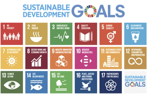 A colorful grid of 17 icons represents the United Nations Sustainable Development Goals, numbered and labeled with targets ranging from No Poverty to Partnerships for the Goals.