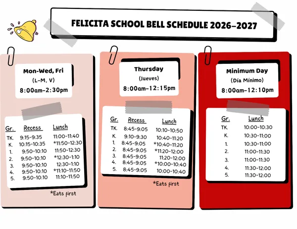 A colorful school flyer showing Felicita School's bell schedule for 2026–2027, with three panels listing start and end times plus recess and lunch periods by grade for regular days, Thursdays, and minimum days.
