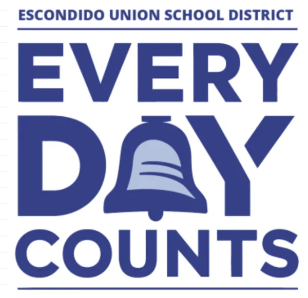 A blue and white logo for the Escondido Union School District featuring the text "Every Day Counts" with a school bell incorporated into the letter O in "Day.