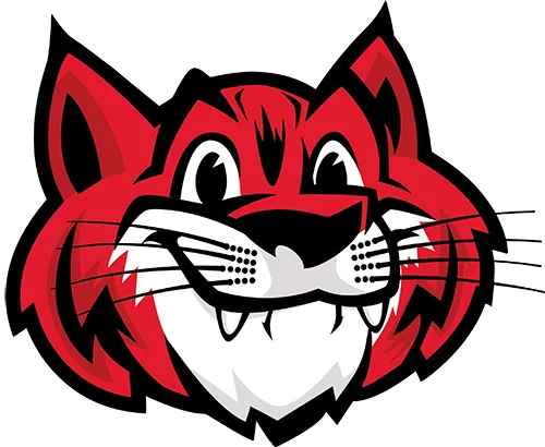 A red and black cartoon wildcat mascot logo with a wide grin, fangs, and whiskers.