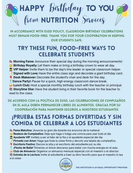 A light blue school flyer with colorful balloons announcing food-free classroom birthday celebration ideas from EUSD Nutrition Services.