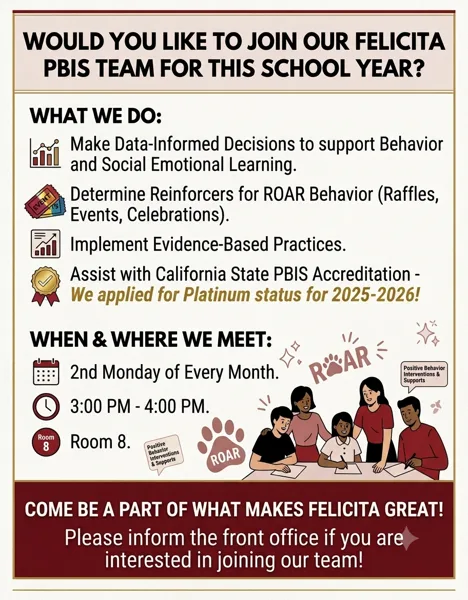 A school flyer featuring an illustration of four people collaborating at a table, promoting the Felicita PBIS team with meeting details and activity descriptions.