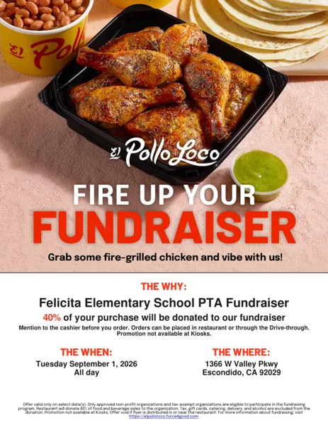 A promotional flyer showing a tray of fire-grilled chicken pieces with beans, tortillas, and green salsa from El Pollo Loco, advertising a school fundraiser.