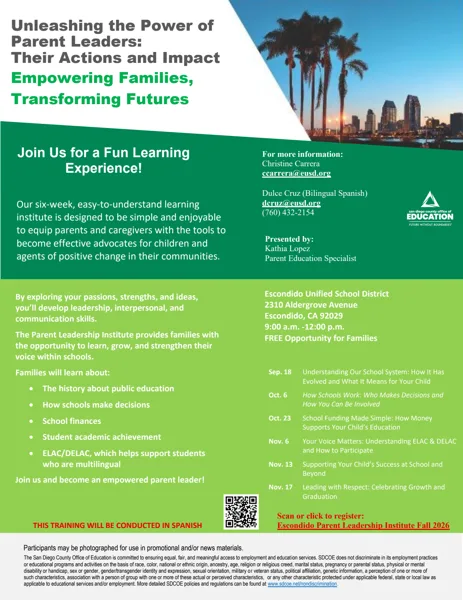 A green and white flyer from the Escondido Unified School District advertising a six-week Parent Leadership Institute, with a San Diego skyline photo at the top.