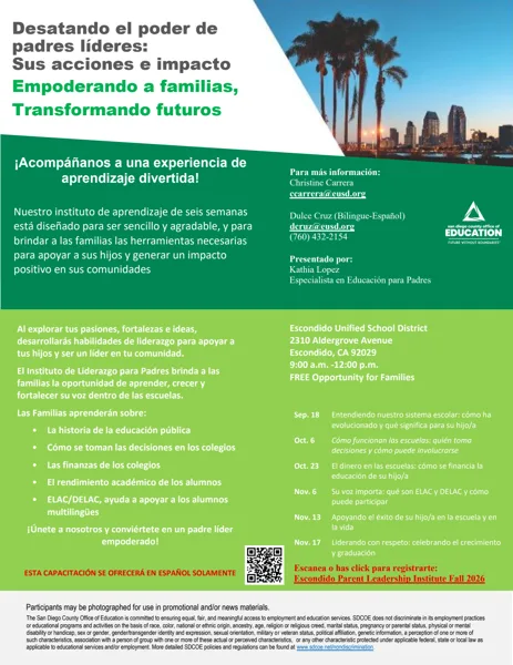 A green and white flyer from the San Diego County Office of Education promoting a Spanish-language parent leadership institute, with a photo of a city skyline with palm trees at the top.