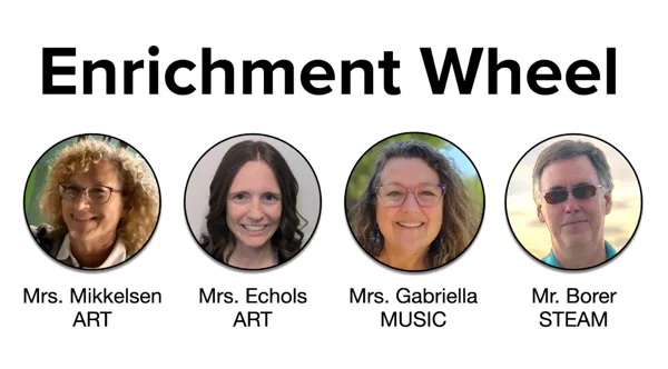 A school flyer showing circular headshot photos of four enrichment teachers labeled with their names and subjects.