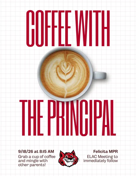 A school event flyer featuring an overhead view of a latte with leaf art in a white mug, set against a grid-paper background, with a red wildcat mascot logo at the bottom.