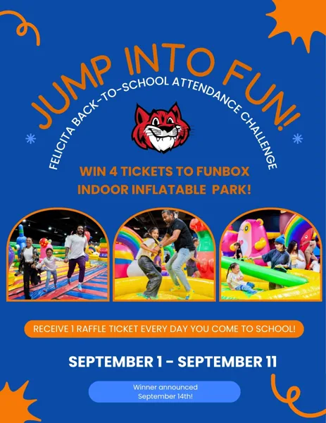 A bright blue school flyer showing three photos of families playing together on colorful indoor inflatable structures at Funbox Indoor Inflatable Park.
