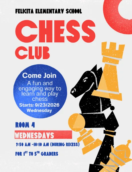 A bold red, blue, and gold flyer featuring large chess piece graphics including a knight and rook, promoting a school chess club.