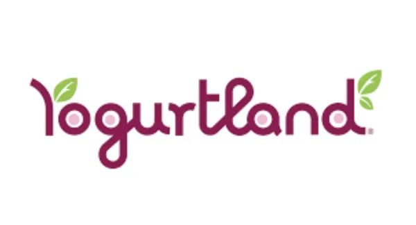 The Yogurtland logo featuring dark purple rounded lettering with green leaves and pink dots as decorative accents.