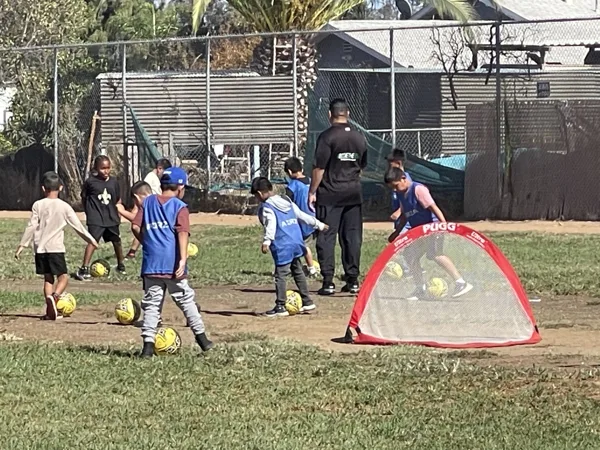 A group of young children in blue vests practice soccer with yellow balls near a small pop-up goal on a dirt and grass field, supervised by an adult coach.