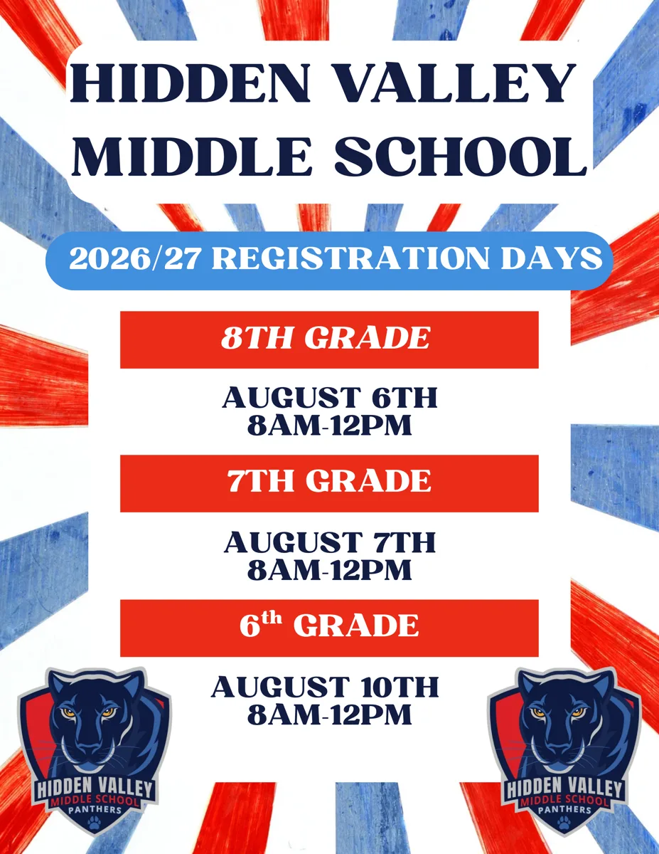 A red, white and blue brushstroke poster listing three middle school registration dates by grade, with panther shield logos at the bottom.