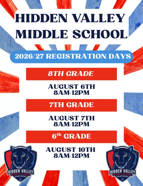 A red, white and blue brushstroke poster listing three middle school registration dates by grade, with panther shield logos at the bottom.