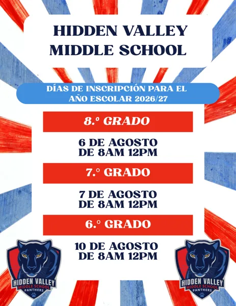 Flyer con pinceladas rojas y azules, títulos en azul marino, tres barras rojas con los grados y las fechas de inscripción, y dos logotipos de la pantera de Hidden Valley Middle School abajo.