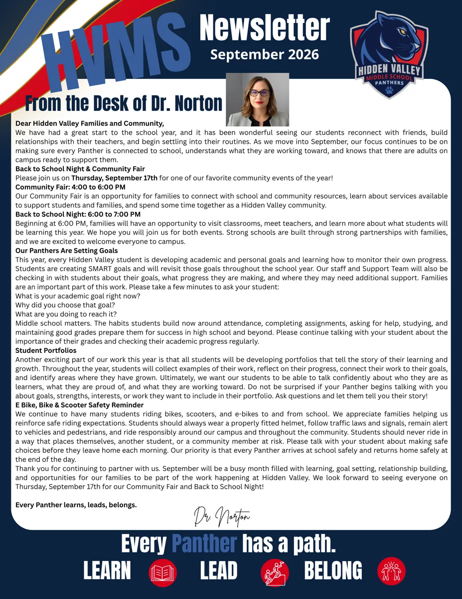 A navy and red school newsletter page with the principal's photo, panther logo, and a full-page letter from the principal.