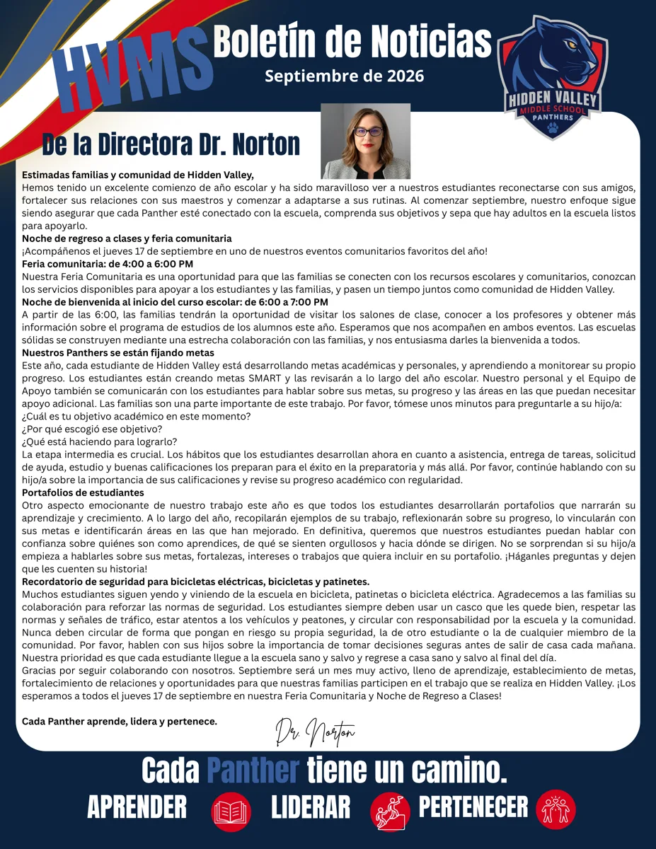 Boletín escolar de una página con encabezado azul marino, logo de la pantera de Hidden Valley Middle School, foto de la directora y varias secciones de texto.