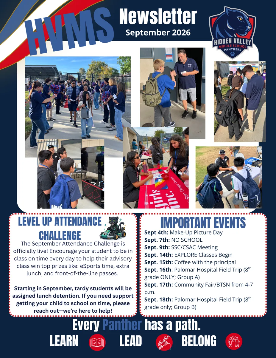 A navy school newsletter page with a photo collage of students arriving on campus and at information tables, above two bordered text boxes and a school slogan banner.
