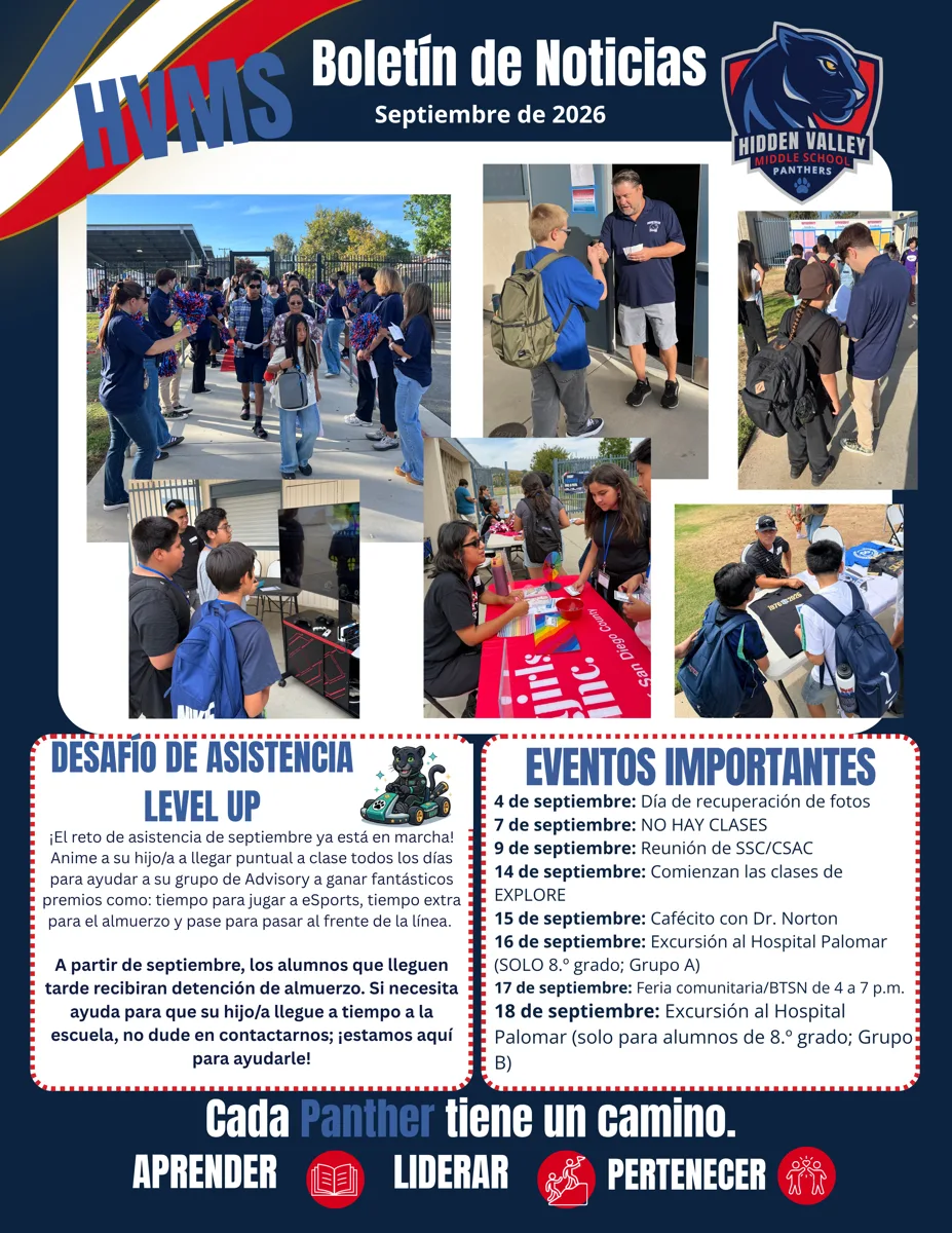 Newsletter page with a dark blue border, a collage of photos of middle school students arriving on campus and visiting information tables, and two bordered text boxes below.