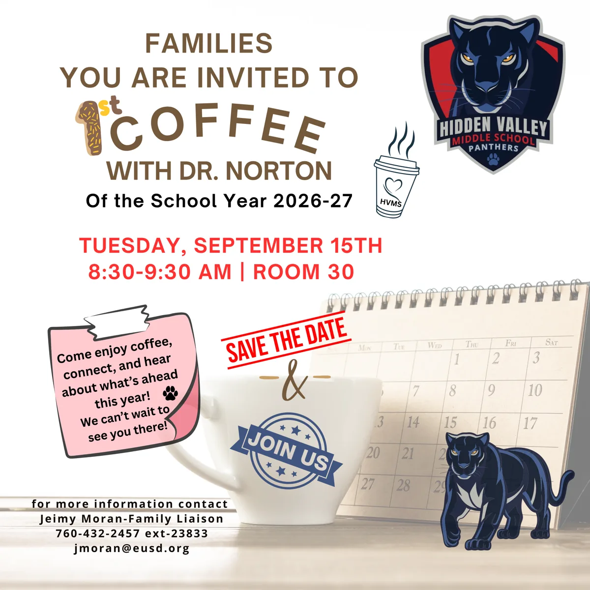 A white flyer with brown and red lettering, a Hidden Valley Middle School Panthers logo, a coffee cup, a calendar, and a panther illustration.