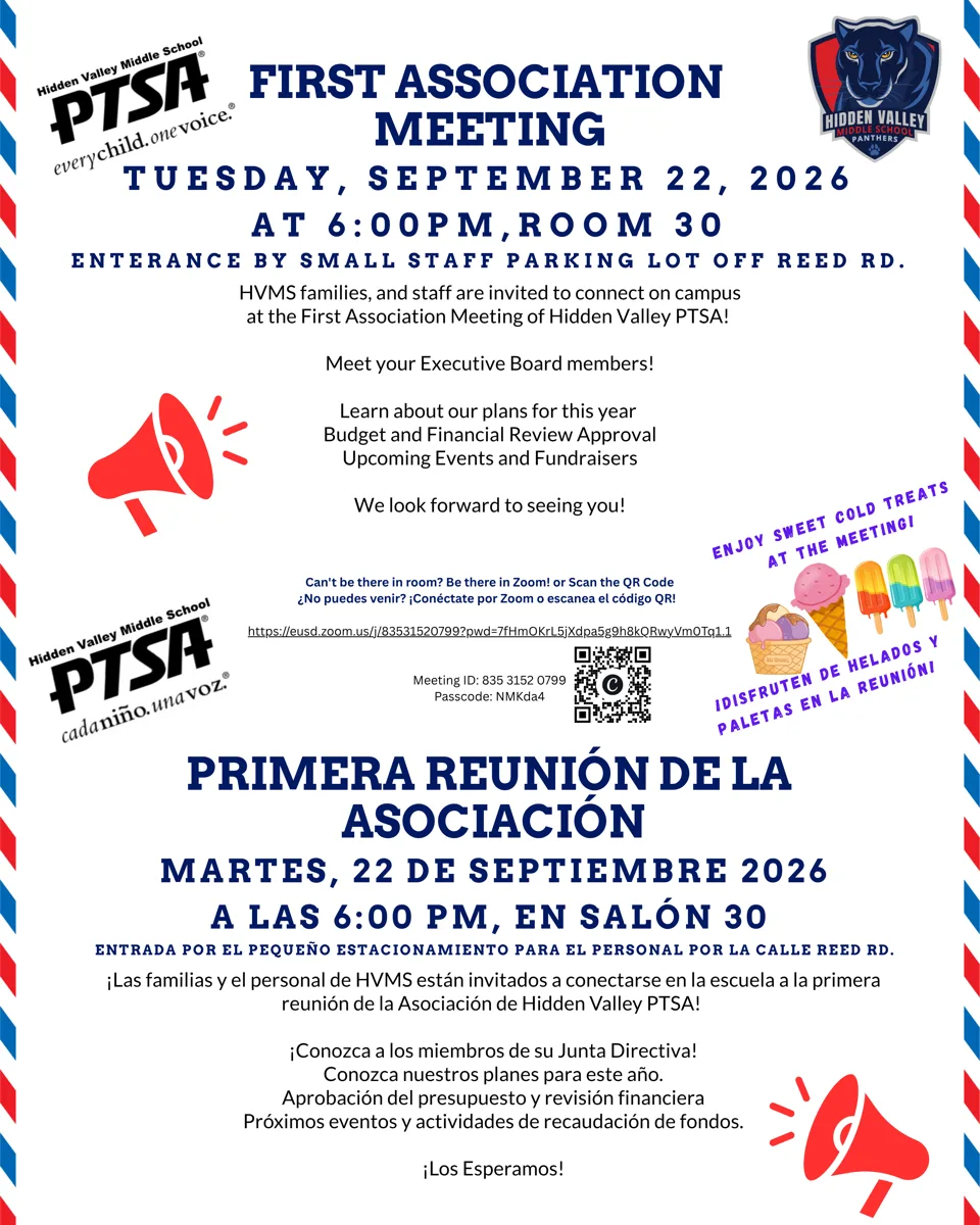 A red, white and blue bordered PTSA flyer announcing a meeting, with megaphone and ice cream graphics, a QR code, and the same announcement repeated in Spanish.