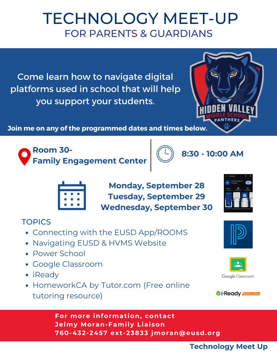 A blue, white, and red flyer with the Hidden Valley Middle School panther logo, meeting dates and times, a list of technology topics, and app icons along the right side.