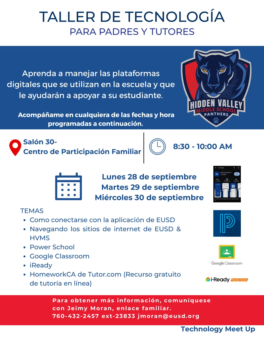 Flyer with a blue banner, Hidden Valley Middle School Panthers logo, workshop dates and topics, and a red contact bar at the bottom.