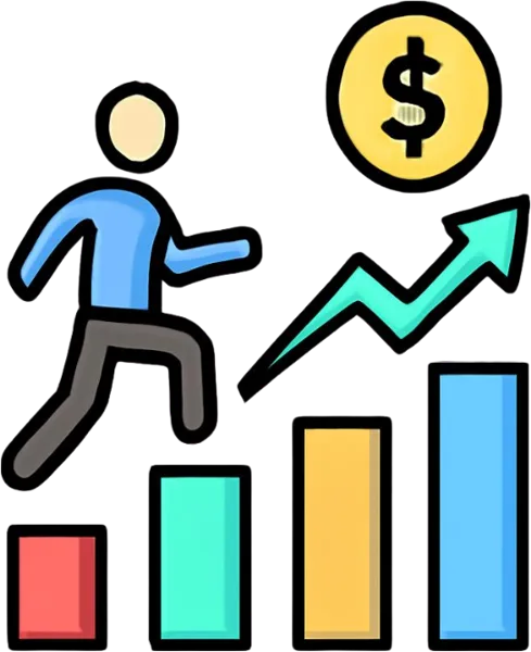 A cartoon figure in a blue shirt runs up ascending bar chart steps toward a rising green arrow and a gold dollar coin symbol.