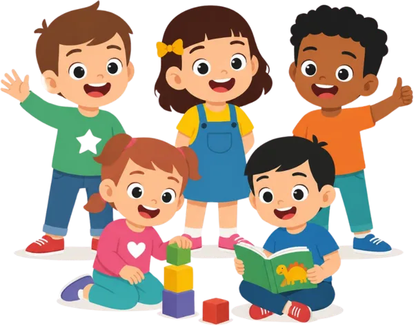 Five cartoon children smile and play together, with two sitting on the floor reading a book and stacking colorful blocks while three others stand behind them waving and giving a thumbs up.