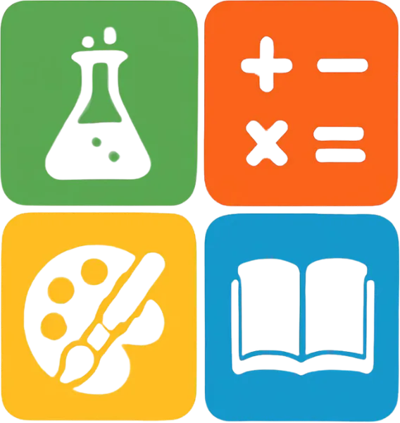 Four colorful icons representing science, math, art, and reading arranged in a two-by-two grid.