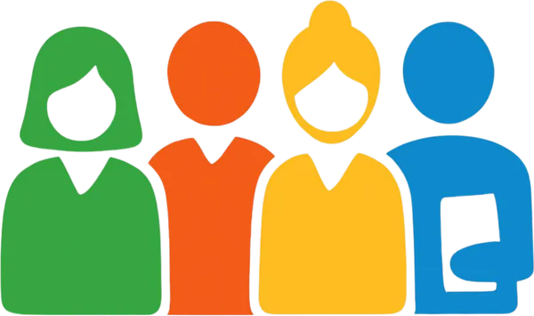 Four colorful illustrated icons of people standing together, with one holding a book or document.
