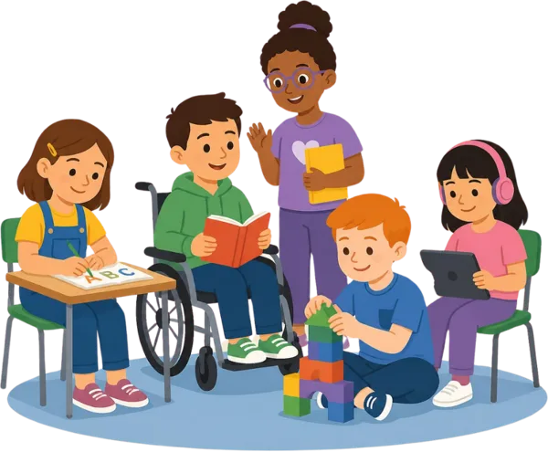 Five diverse children engage in various learning activities in a classroom, including writing, reading, building blocks, and using a tablet, one child using a wheelchair.