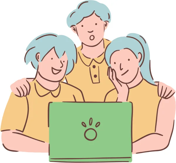 Three illustrated characters with blue hair and yellow shirts gather together looking at a green laptop displaying a paw print logo.