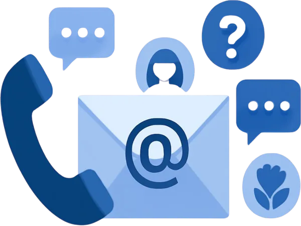 A collection of blue communication icons including a telephone handset, email envelope with an at symbol, chat bubbles, a user profile icon, a question mark, and a flower emblem, representing customer contact options.