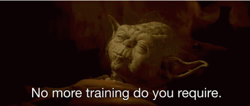 A puppet character resembling Yoda from Star Wars lies down with the subtitle "No more training do you require" displayed at the bottom of the frame.