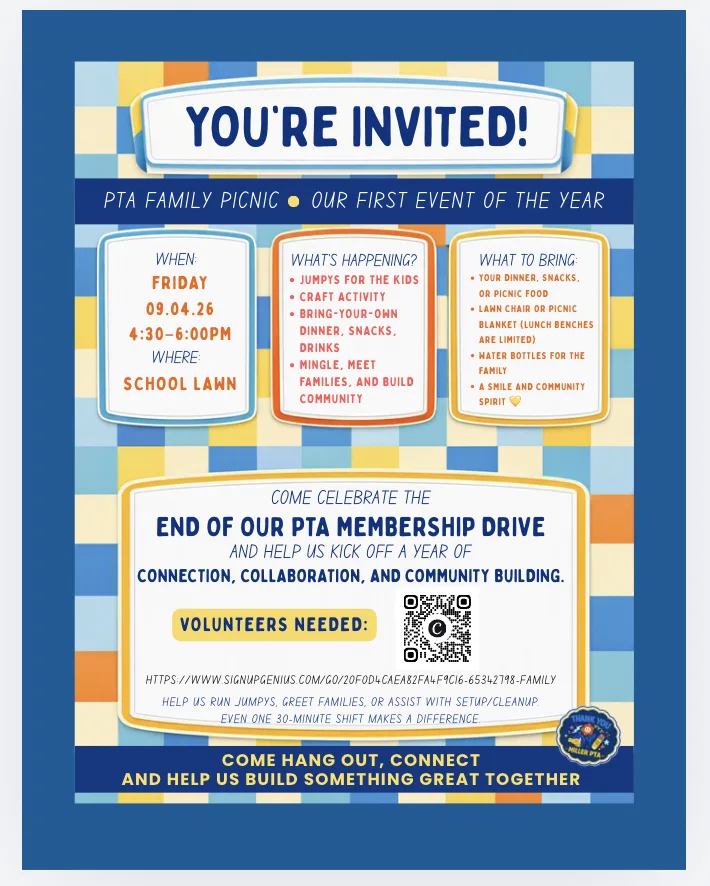 A colorful blue, yellow, and orange school flyer announcing a PTA Family Picnic with event details in three info boxes and a volunteer sign-up section.