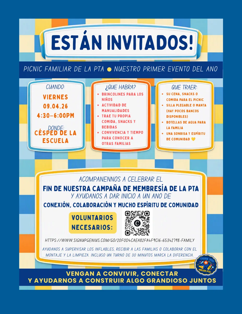 A colorful blue, yellow, and orange school flyer in Spanish inviting families to a PTA family picnic on the school lawn.