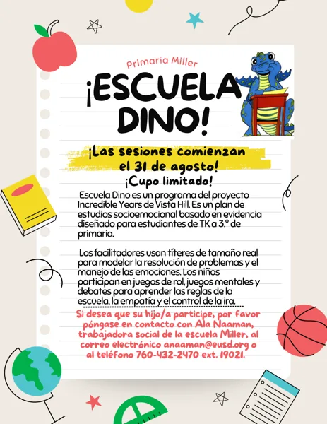 A colorful school flyer on a lined notebook paper background with cartoon dinosaur, apple, globe, basketball, and book illustrations promoting the Escuela Dino program at Miller Elementary.