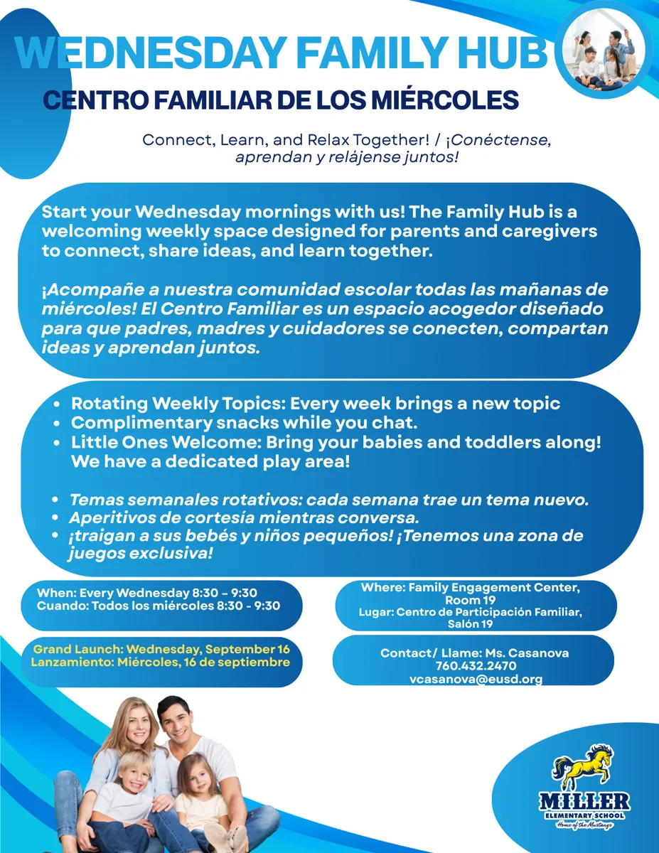 A bright blue school flyer for Miller Elementary School's Wednesday Family Hub program, featuring photos of smiling families and the school's Mustangs logo.