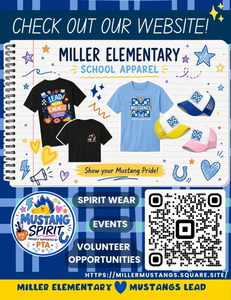 A colorful school flyer showing Miller Elementary spirit wear including black and blue t-shirts and trucker hats in blue, yellow, and pink, with a QR code and website address.