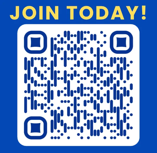 A blue and yellow promotional graphic displays a QR code with the text "JOIN TODAY!" above it.