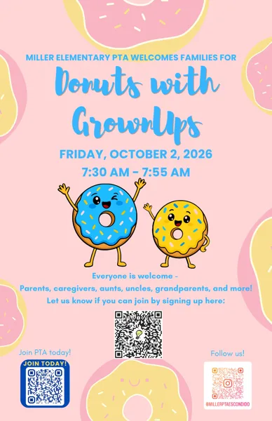 A pink event flyer featuring two cartoon donut characters with arms and legs, decorated with sprinkles, promoting a family morning event at Miller Elementary.
