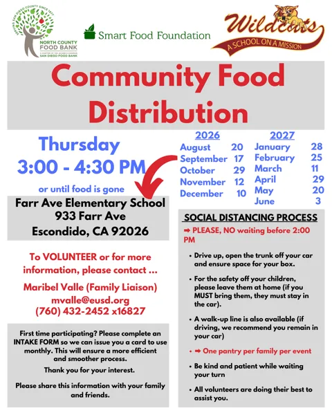 A flyer from North County Food Bank, Smart Food Foundation, and Wildcats school announcing a community food distribution event at Farr Ave Elementary School in Escondido, California.