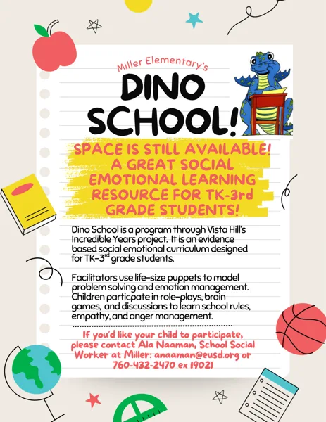 A colorful school flyer on a notebook-paper background decorated with cartoon school items and a blue dinosaur sitting at a desk, promoting a social emotional learning program at Miller Elementary.