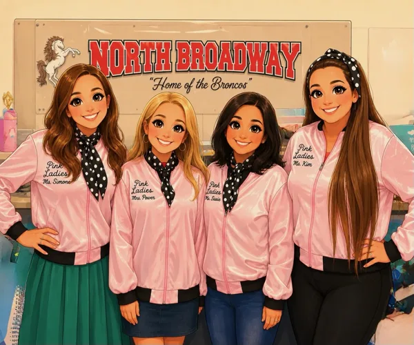 Four animated-style women wearing matching pink "Pink Ladies" jackets stand together smiling in front of a "North Broadway – Home of the Broncos" school sign.
