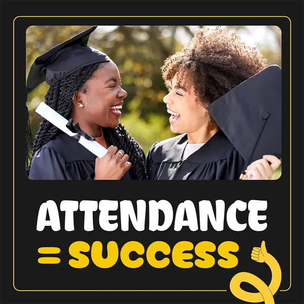 Blue graphic stating an attendance fact about missing kindergarten days, featuring a smiling student holding a pencil.